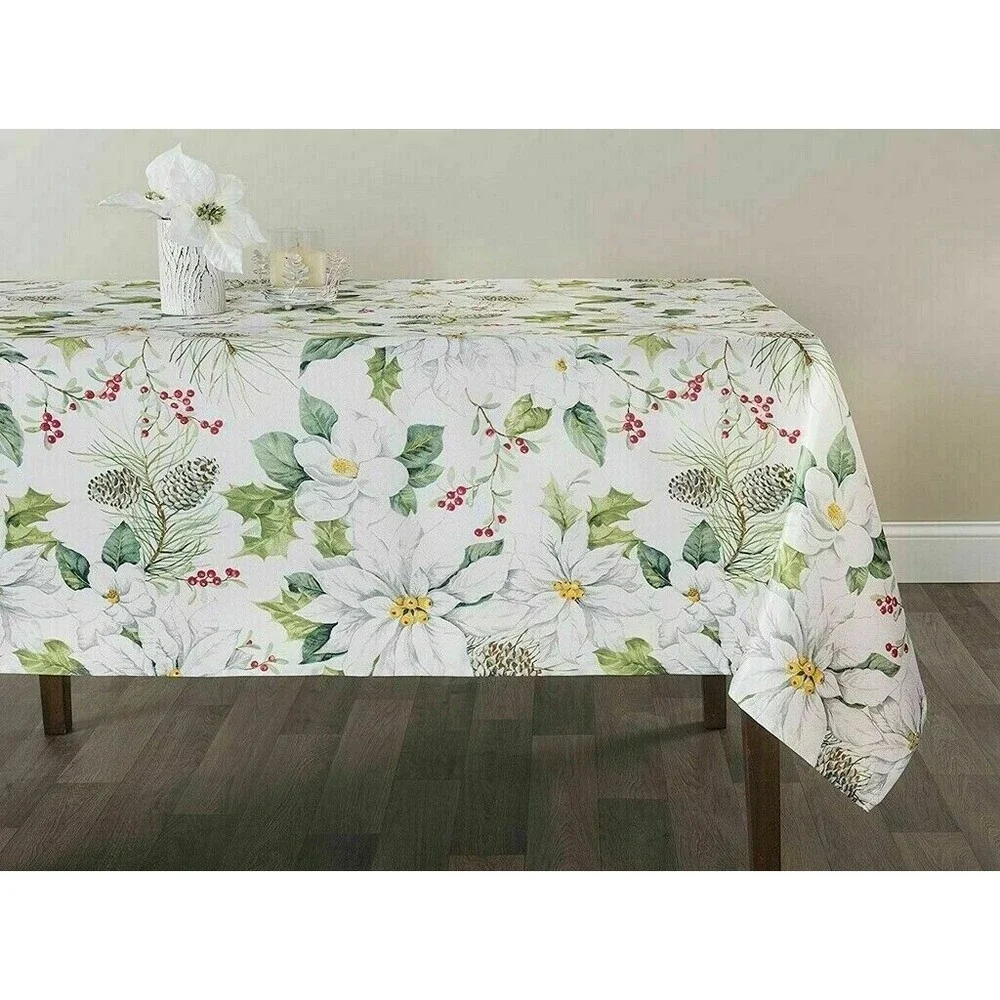 Christmas Winter White Poinsettia Fabric Tablecloth 60 RD Textured Jacquard